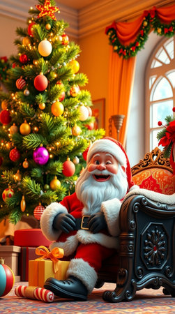 Santa Claus sitting in armchair near christmas tree with gifts.の写真素材