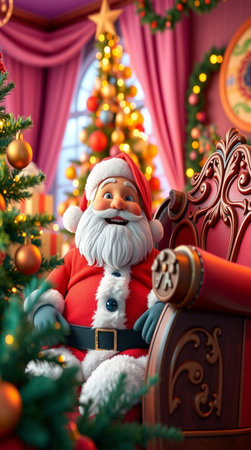 Santa Claus sitting in a chair near the Christmas tree. Christmas and New Year concept.の写真素材