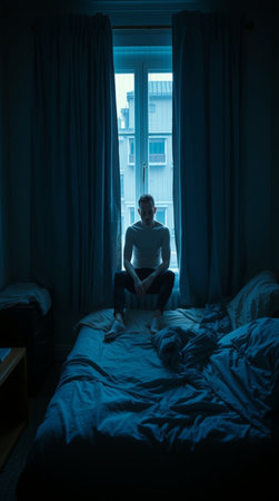 Young man sitting on the bed in the dark room at night.の写真素材