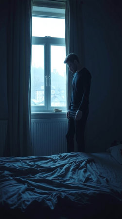 Young man sitting in bed and looking out the window in the morningの写真素材