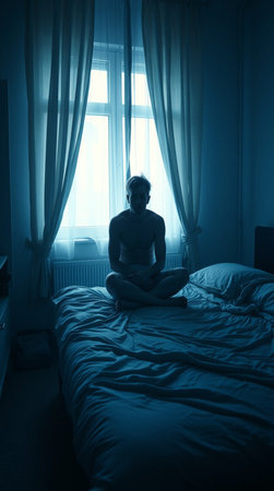 Man meditating on the bed in the morning at home, silhouetteの写真素材