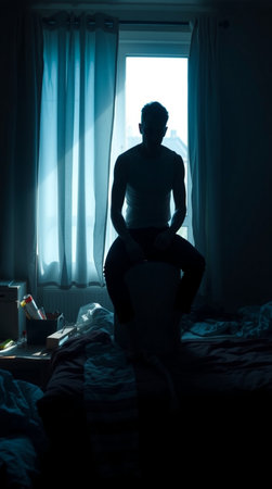 Silhouette of a man sitting on the bed in the bedroomの写真素材