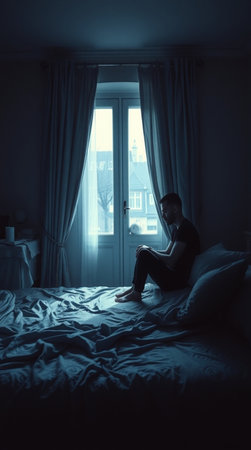 Man sitting on the bed in the bedroom, looking out the windowの写真素材