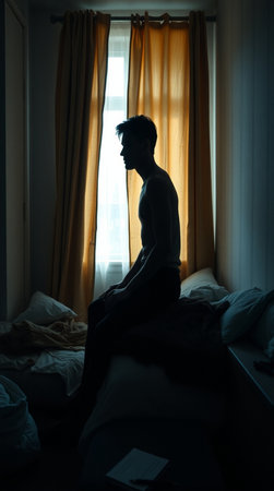 Silhouette of a man sitting on the bed in the morningの写真素材