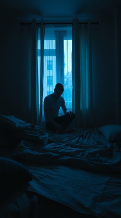 Man sitting on the bed in the dark and looking out the windowの写真素材