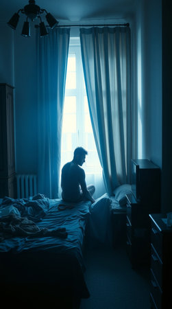 Silhouette of a man sitting on the bed and looking out the windowの写真素材