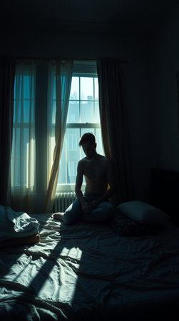 Young man sitting on the bed in the dark bedroom and looking out the windowの写真素材