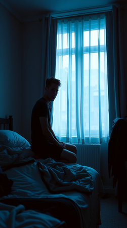 Silhouette of a young man sitting on the bed and looking out the windowの写真素材