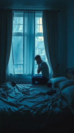 Young depressed woman sitting on the bed in the bedroom. Depression and mental health concept.の写真素材