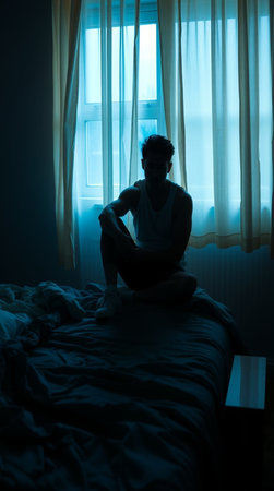 Silhouette of a man sitting on the bed in the darkの写真素材