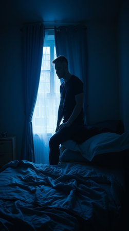 Man sitting on the bed in the dark and looking out the windowの写真素材