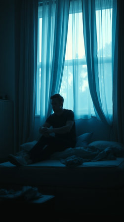 Young man sitting on the bed in the dark and looking out the windowの写真素材