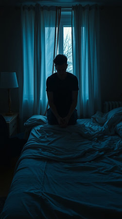 Young man sitting on the bed at night and looking out the windowの写真素材