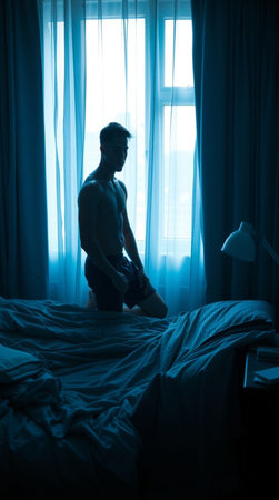 Silhouette of a young man sitting on a bed in the morningの写真素材