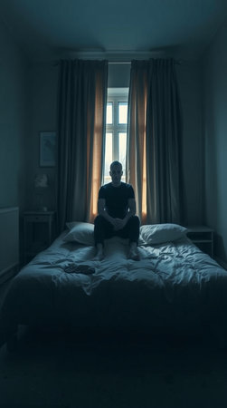 Man sitting on the bed by the window in the dark room.の写真素材