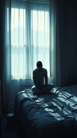 Silhouette of a man sitting on the bed and looking out the windowの写真素材