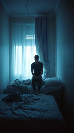 Young man sitting on the bed in the dark and looking at the windowの写真素材