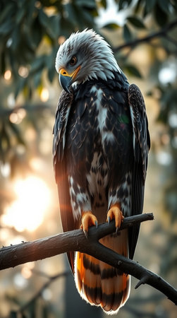 Bald Eagle on a tree branch in the forest at sunset.の写真素材