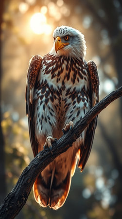 Bald Eagle sitting on a tree branch at sunset. Wildlife scene from nature.の写真素材