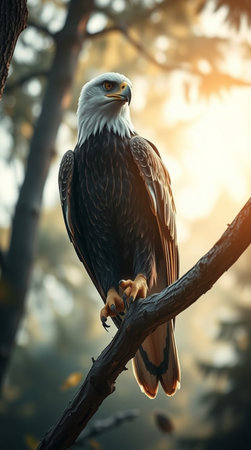 Bald Eagle sitting on a tree branch in the forest at sunsetの写真素材