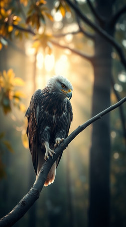 Bald Eagle sitting on a tree branch in the autumn forest.の写真素材