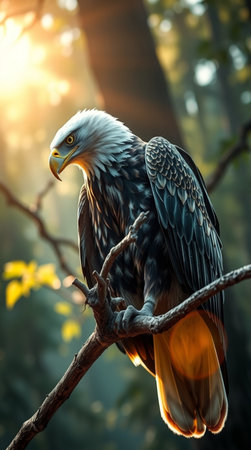 Bald Eagle in the forest at sunset. Beautiful animal portrait.の写真素材