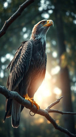 Bald Eagle sitting on a branch in the forest at sunset.の写真素材