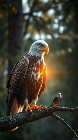 Bald Eagle and chick sitting on a tree branch in the forestの写真素材