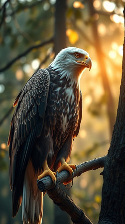 Bald Eagle sitting on a tree branch in the forest at sunsetの写真素材