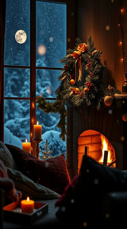 Beautiful Christmas interior with fireplace, Christmas tree, gifts and candlesの写真素材
