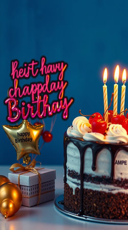 Birthday cake with candles, gifts and balloons on a blue backgroundの写真素材