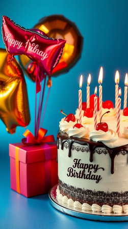 Birthday cake with candles and gift box on blue background, closeupの写真素材