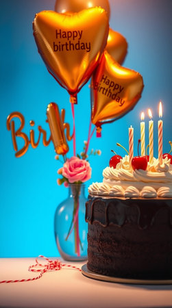 Birthday cake with candles and balloons on blue background, closeupの写真素材