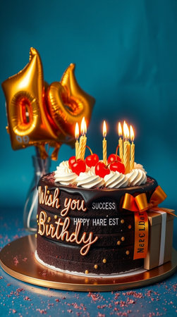 Birthday cake with candles and balloons on blue background, closeupの写真素材