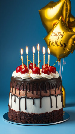 Birthday cake with candles and balloons on blue background, closeup