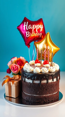 Birthday cake with candles and balloons on a blue background with text Happy Birthday