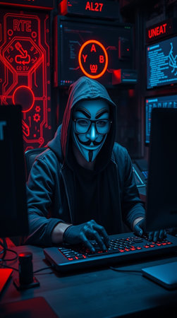 Cyber attack concept. Young man in black hooded sweatshirt and eyeglasses using computer.