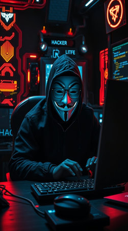 Hacker in a dark room with a computer and a monitor.