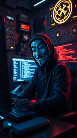 Hacker in a dark room with a computer. Cybercrime concept.