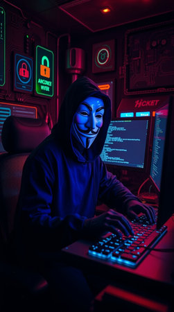 Hacker in a dark room with computer. Cybercrime concept.