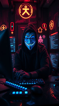 Hacker in a dark room with computer. Cybercrime concept.