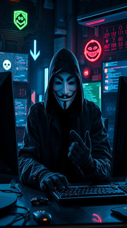 Portrait of a hacker in a dark hoodie using a computer.