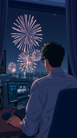 Back view of a man sitting at a table in front of a computer monitor with fireworks in the...