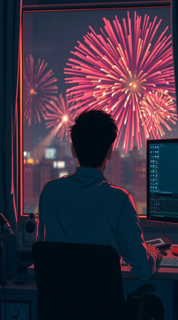 Back view of a young man sitting in front of a computer and looking at fireworks