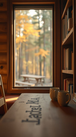 Cup of coffee on a wooden table near the window