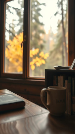 Coffee cup and book on wooden table in front of window