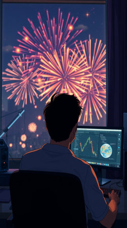 Back view of a man sitting in front of a computer monitor and looking at fireworks
