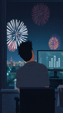 Back view of man looking at fireworks against composite image of cityscape