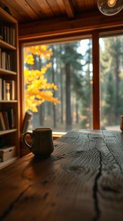 Cup of coffee on wooden table near window in autumn forest, space for textの写真素材