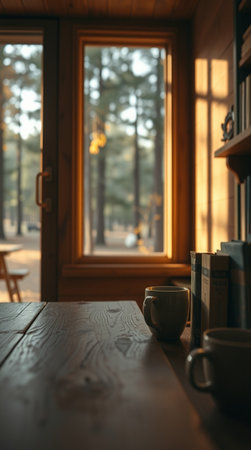 Coffee cup and books on wooden table in coffee shop.の写真素材
